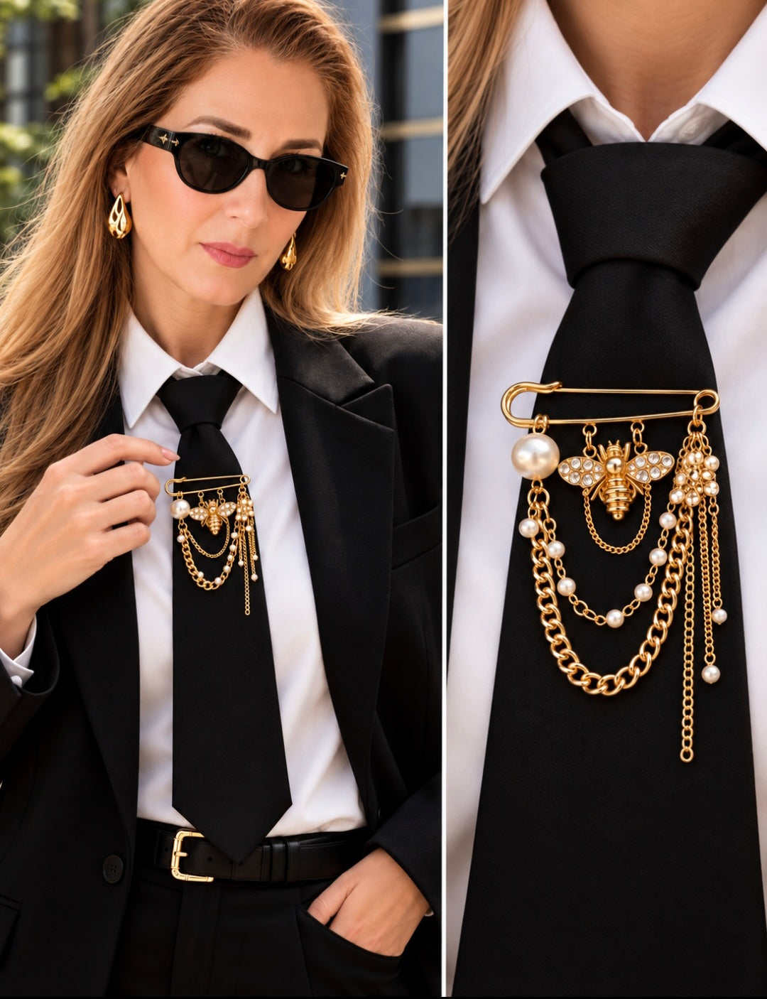 Model wearing gold bee brooch pin on blazer lapel