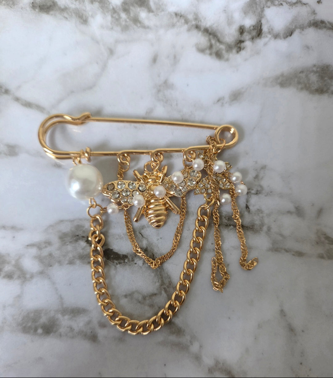 Gold Bee Brooch Pin with Pearl & Crystal Charms and Chain Fringe